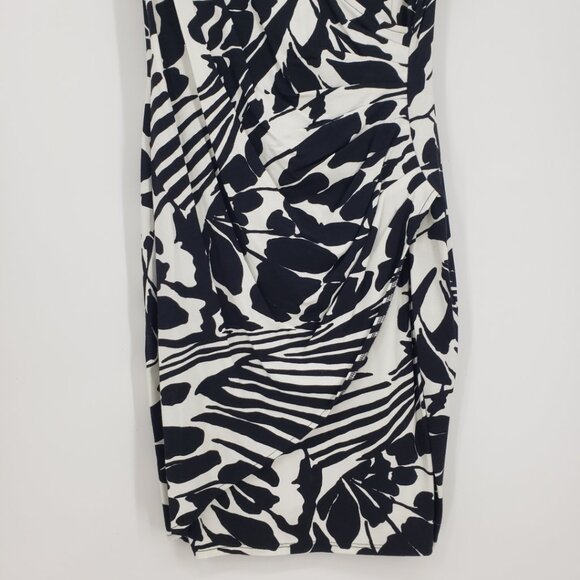 3/$25 Cache Faux Wrap Dress L Abstract Floral Bodycon Sheath Cap Sleeve Black - Picture 5 of 9